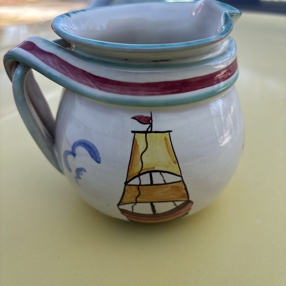 Vintage Italian hand-painted‎ ceramic pitcher featuring sailboats and waves Fish